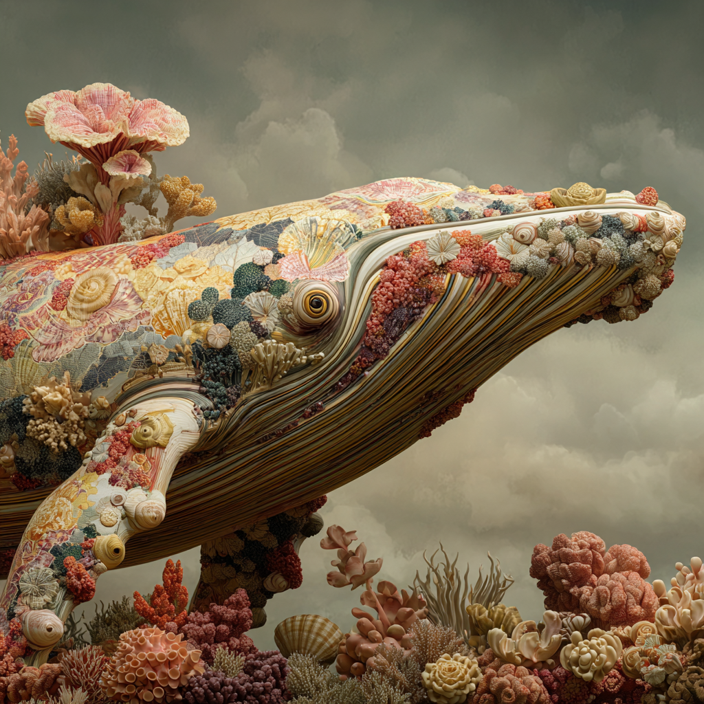 Volledige weergave van Koraaldroom met mythische walvis die door een oceaan van koraal zweeft