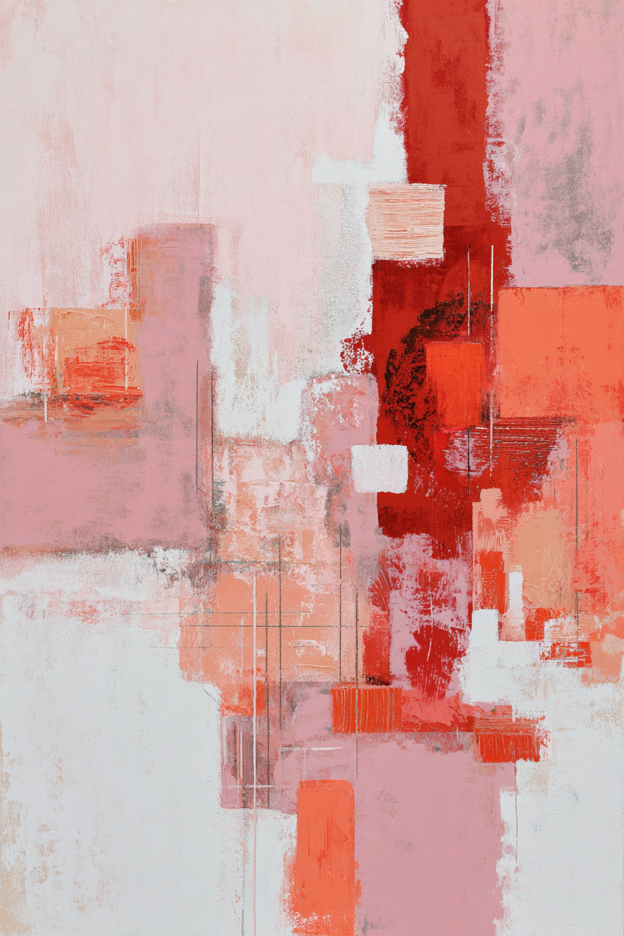 Abstract schilderij in warme koraal en roze tinten met speelse balans en zachte gloed