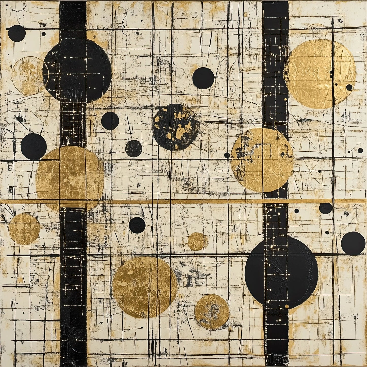 Volledige afbeelding van luxe wandkunst met geometrische cirkels en lijnen in zwart en goud