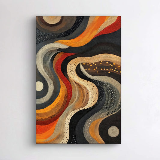 Detail van abstract kunstwerk met vloeiende lijnen en stippen in warme tinten zoals oranje, crème en bruin