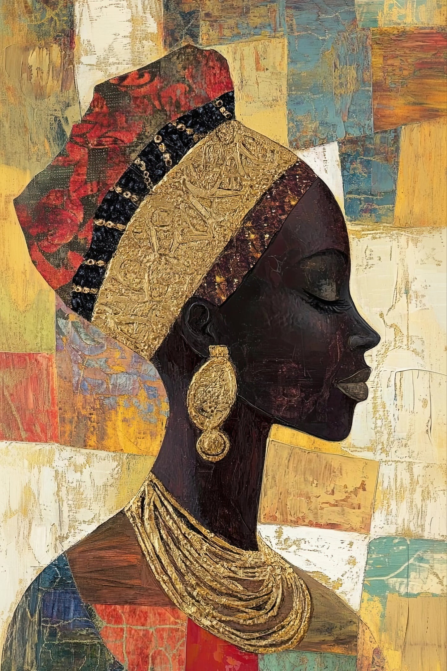 Volledige weergave van Kracht in Stilte met vrouwelijk profiel in warme aardetinten en goud