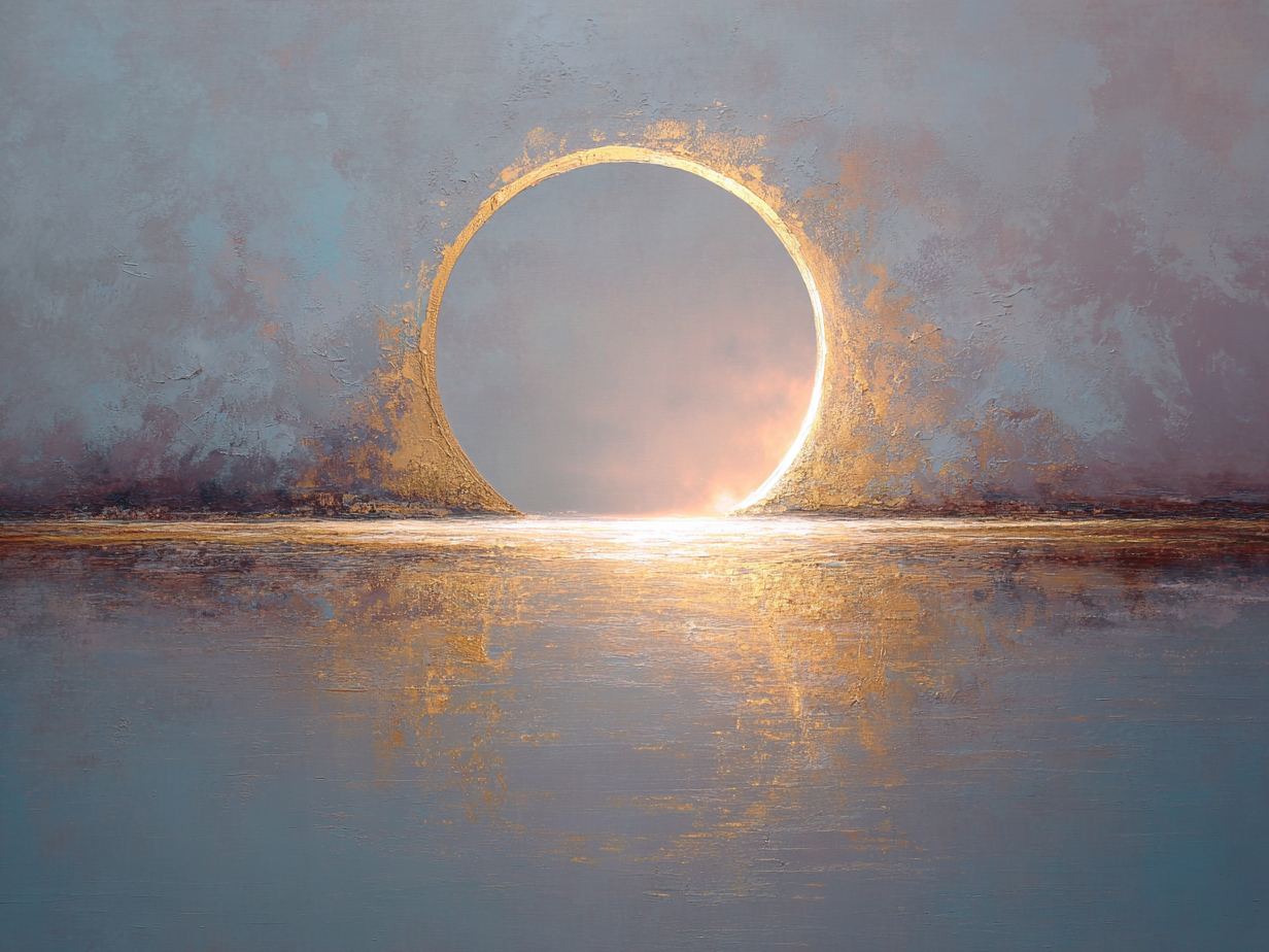 Abstracte compositie in goud en blauw met cirkel van licht en serene waterreflectie