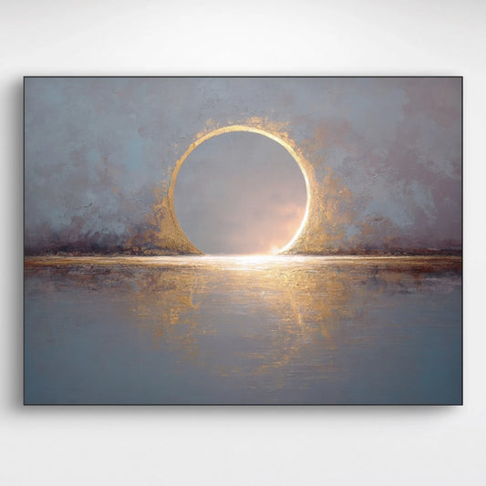 Detail van gouden cirkelvorm op blauwe achtergrond met lichte reflectie