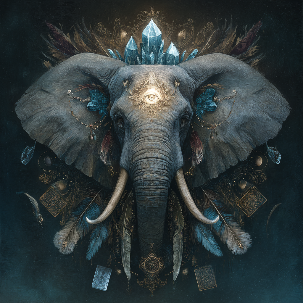 Volledige weergave van Kristalwachter met olifant en spirituele details