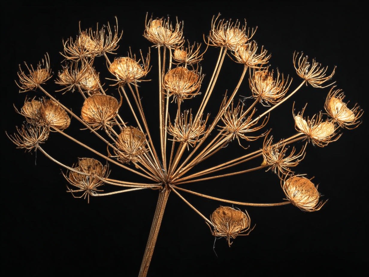 Volledig kunstwerk Kroon van de Nacht met abstracte bloem in goudtinten tegen donkere achtergrond