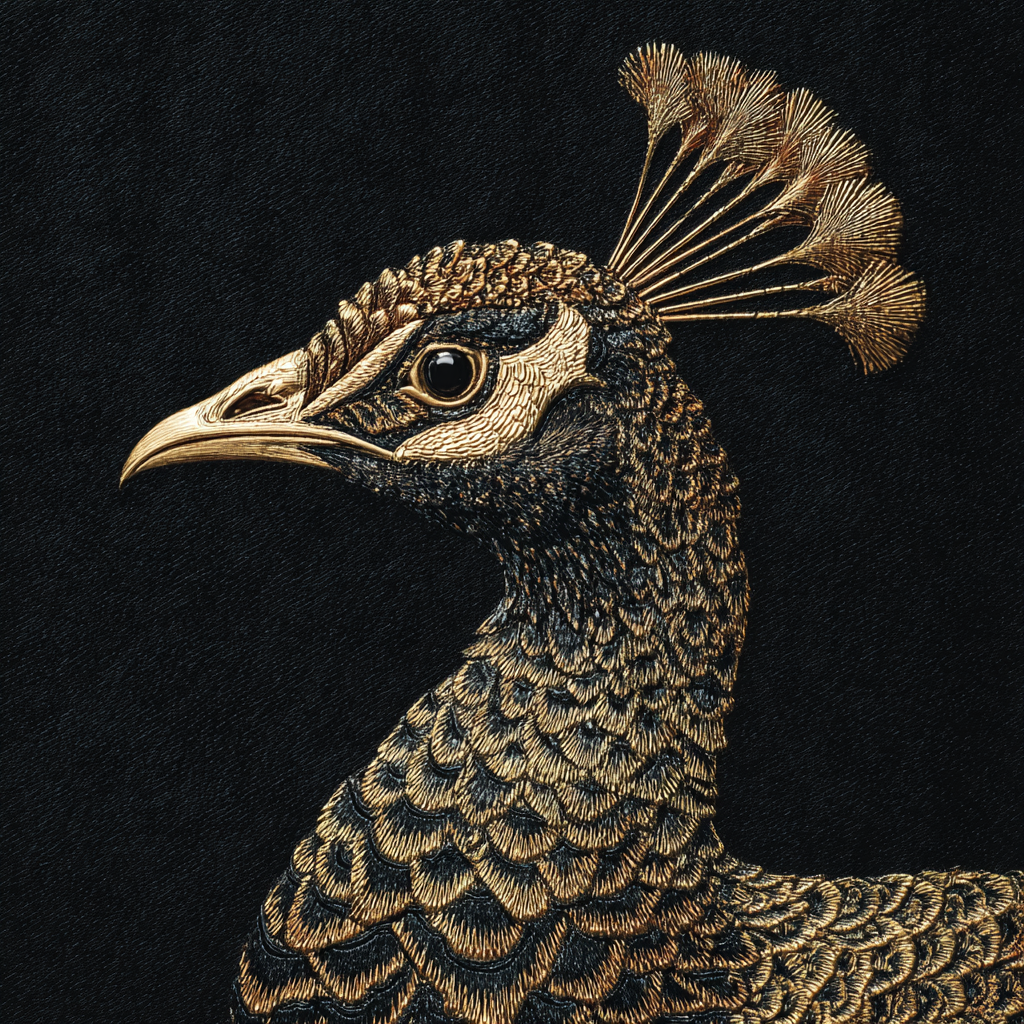 Volledige weergave van Kroonveer met statige pauw in gouden details