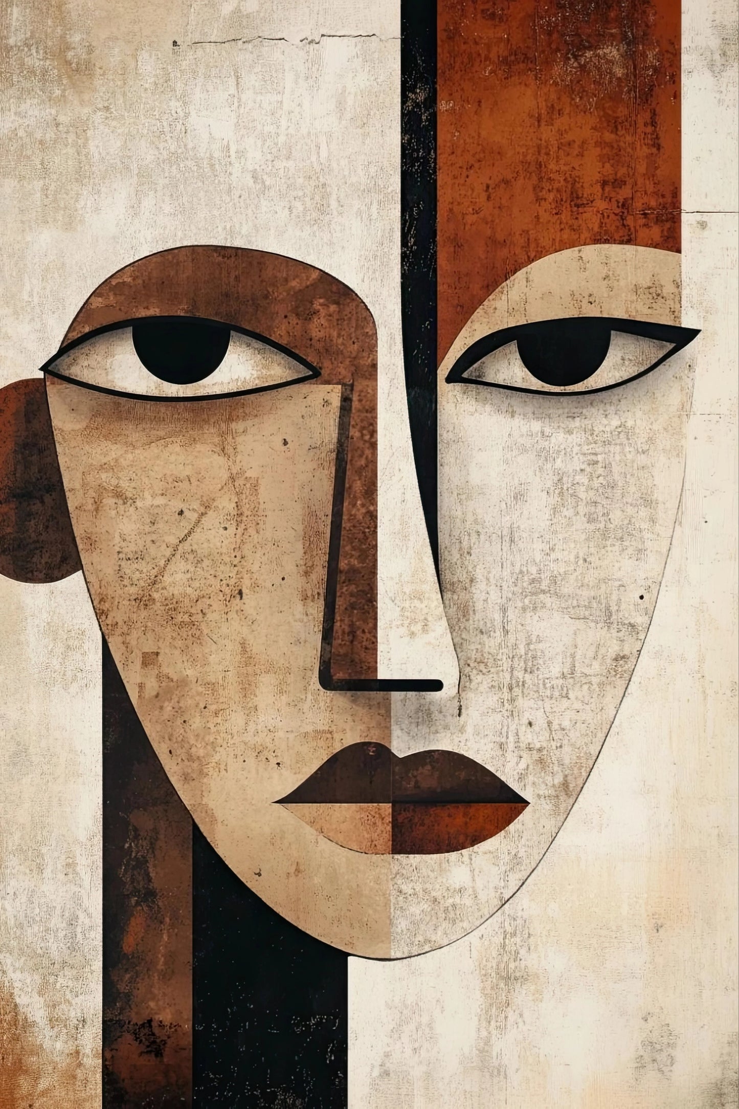 Abstracte wanddecoratie van gezicht in kubistische stijl met bruin, beige, zwart en wit