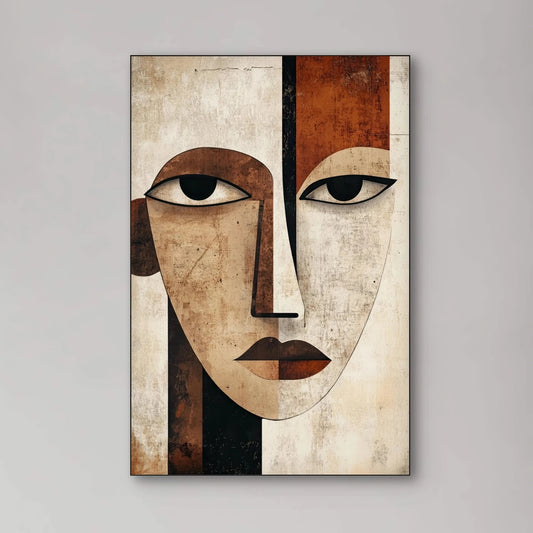 Detail van kubistisch portret met geometrische vlakken in aardetinten en zwart