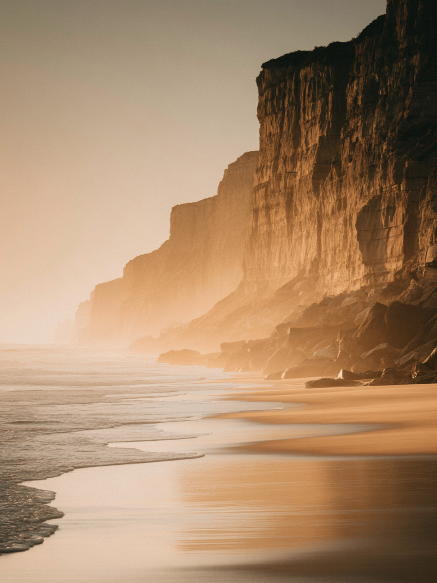 Fotografisch wandkunstwerk van zee en rotsen in warme beige tinten met zachte lichtval