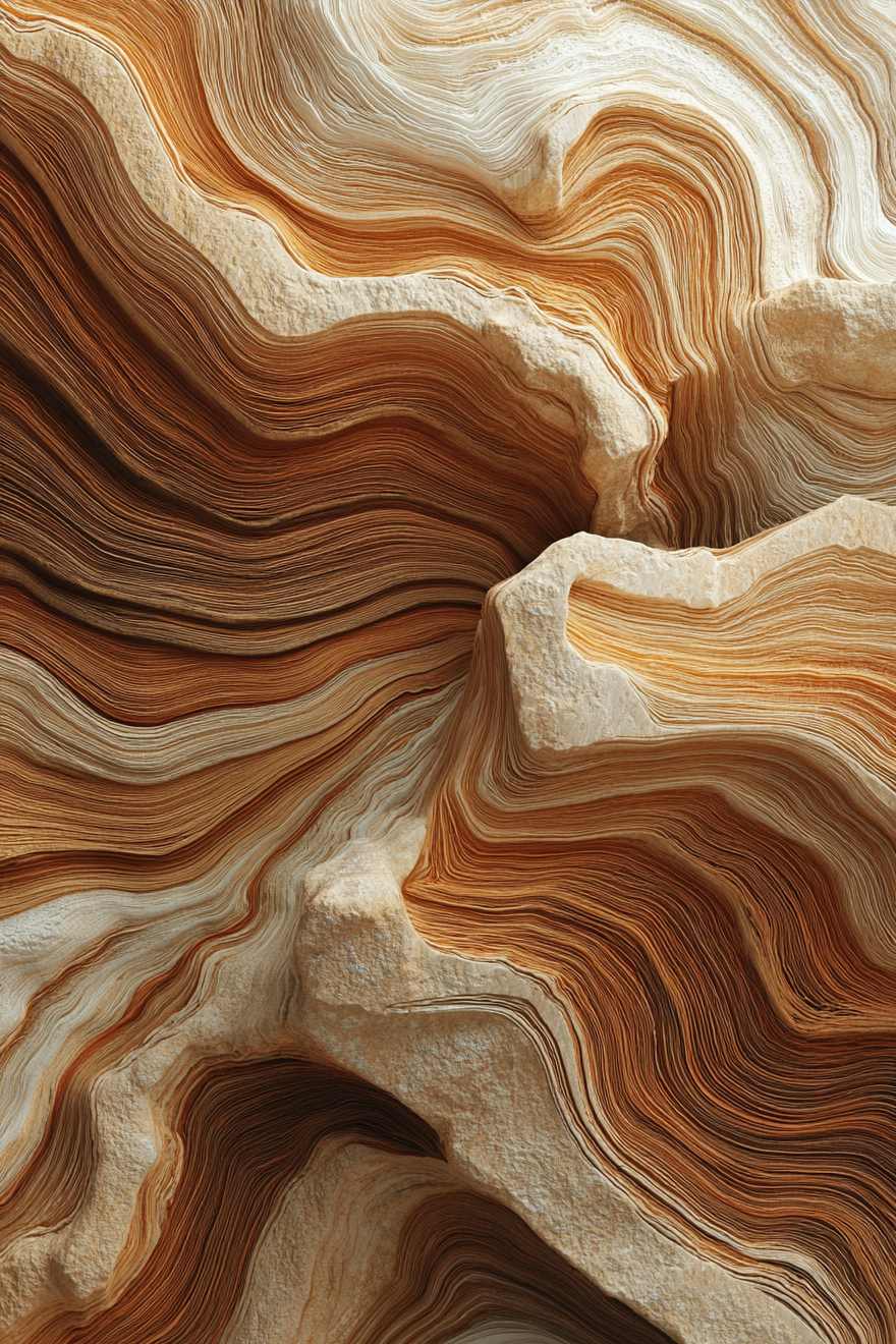 Abstract wandkunst met vloeiende lijnen en natuurlijke gelaagdheid in warme bruine en beige tinten