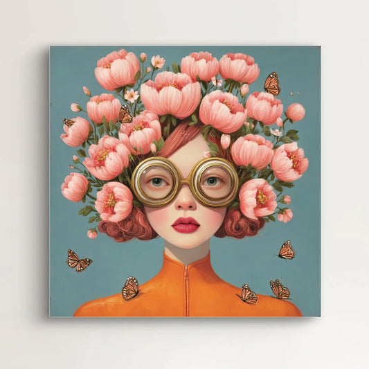 Detail van het gezicht en tulpenkapsel uit het kunstwerk Lady Botanique met vlinders op blauwgroene achtergrond