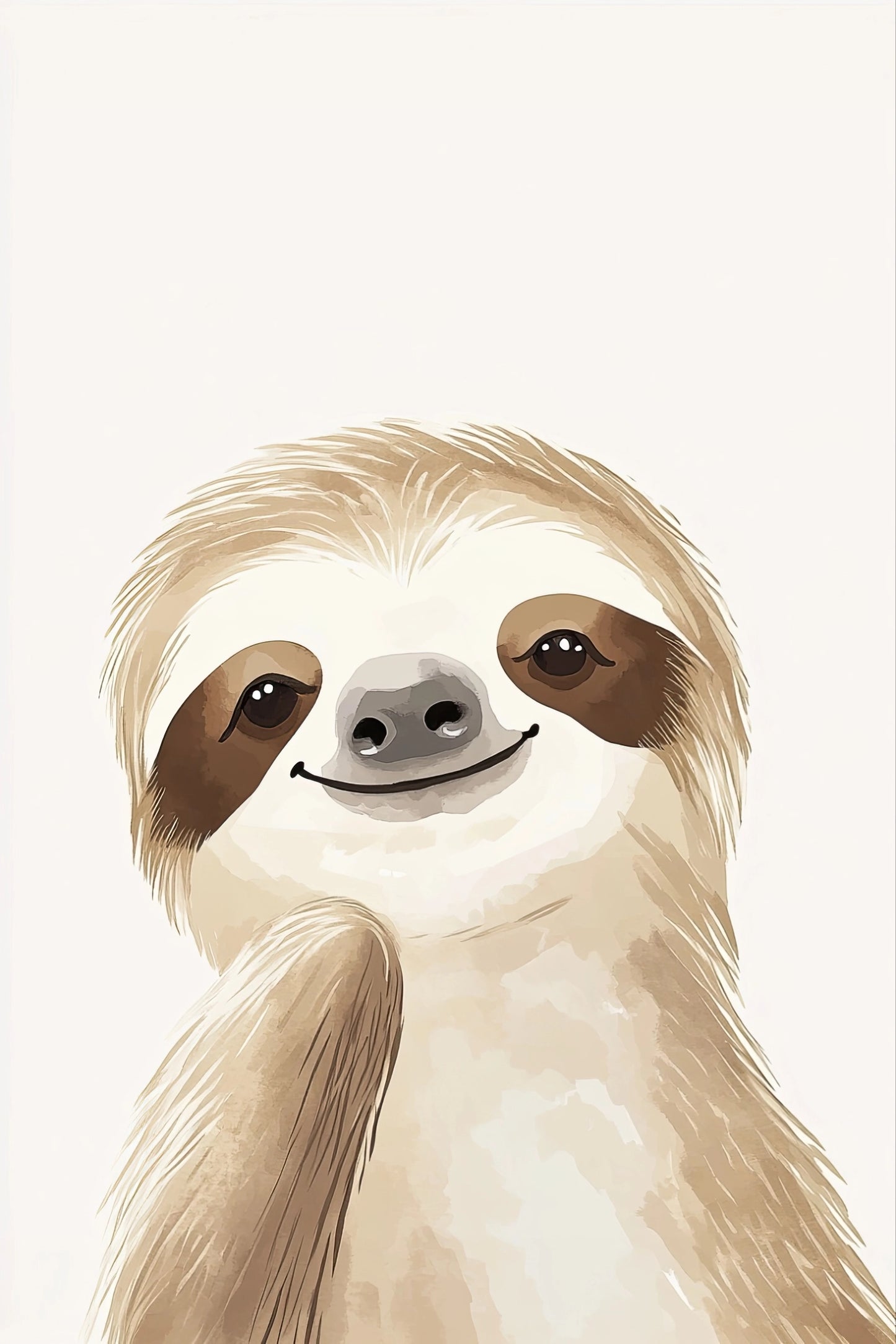 Volledige illustratie van een ontspannen luiaard met vriendelijke lach, tegen een minimalistische lichte achtergrond.