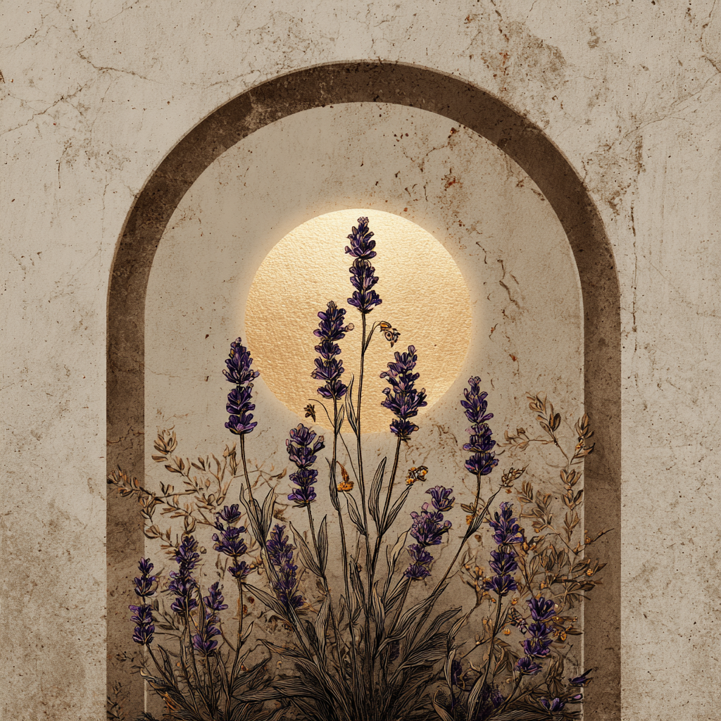 Kunstwerk met lavendelbloemen en ronde lichtopening in warme beige en paarse tinten