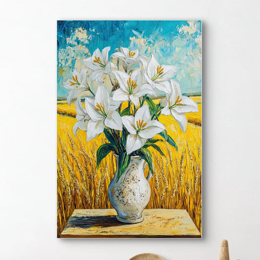 Detail van Lelies onder de Zon met witte bloemen en goudgeel graanveld op de achtergrond