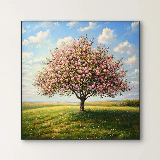 Detail van kunstwerk met bloesemkruin in roze en wit, groene grasvlakte en heldere lucht met wolken