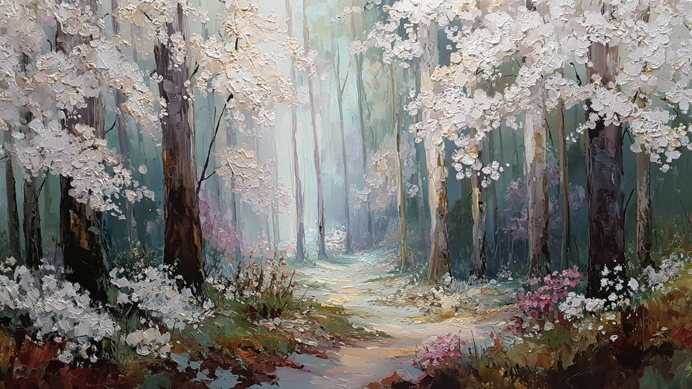 Lentelandschap met bloesembomen, zacht licht en tinten van wit, roze en groen in schilderachtige stijl