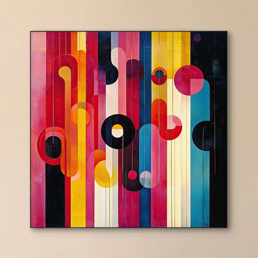Detail van abstract kunstwerk met speelse vormen en verticale lijnen in levendige kleuren