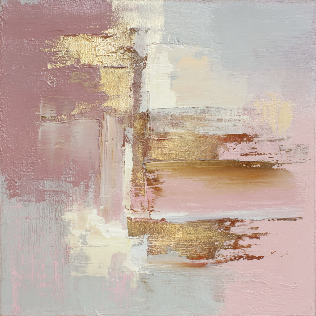 Volledige weergave van abstracte wandkunst Licht van Rozensteen met gouden en roze tinten