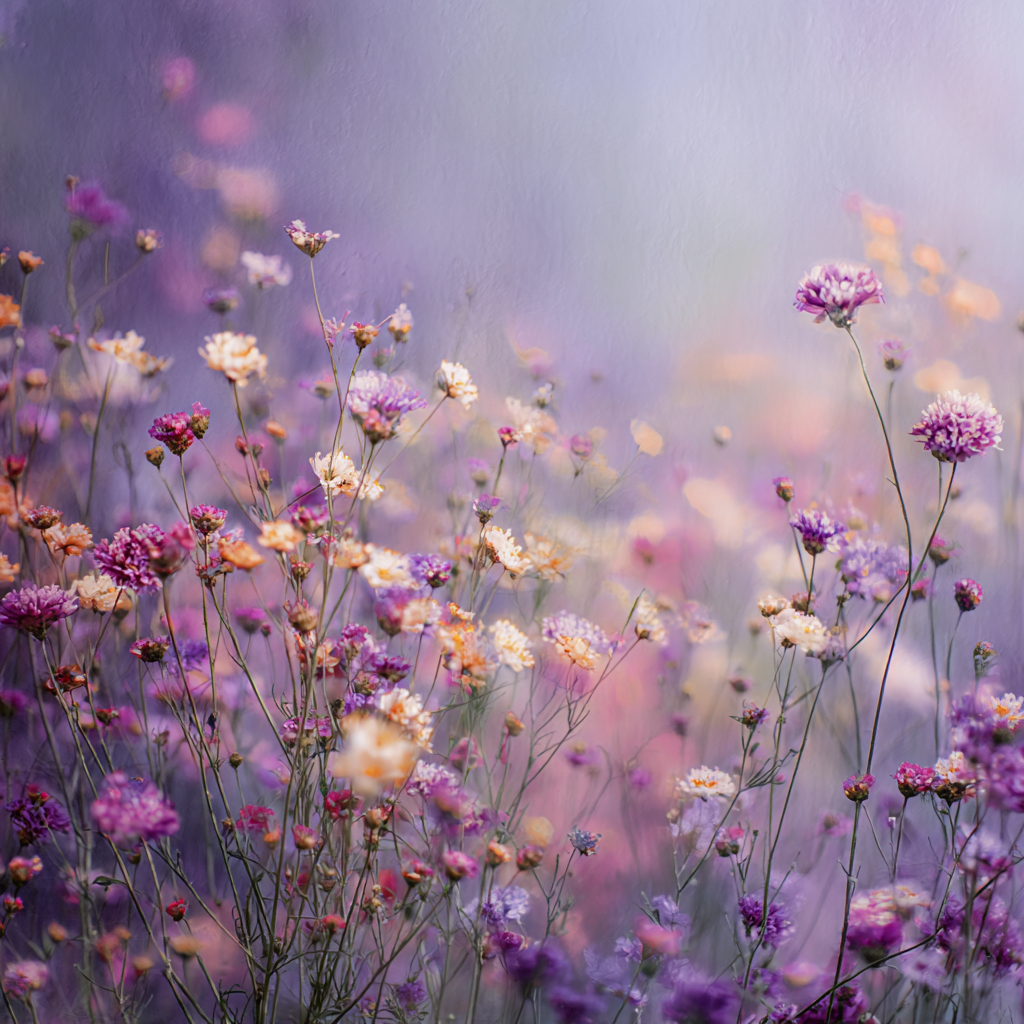 Bloemrijk wandkunstwerk in paarse en roze tinten met warme lichtaccenten en dromerige sfeer