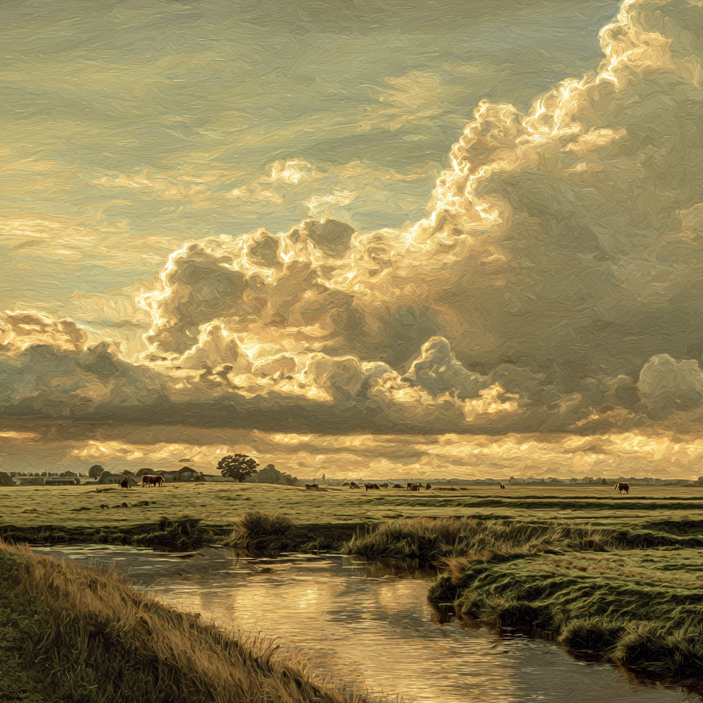 Schilderachtig landschap met rivier en gloeiende wolkenlucht in warme tinten van geel, beige en bruin