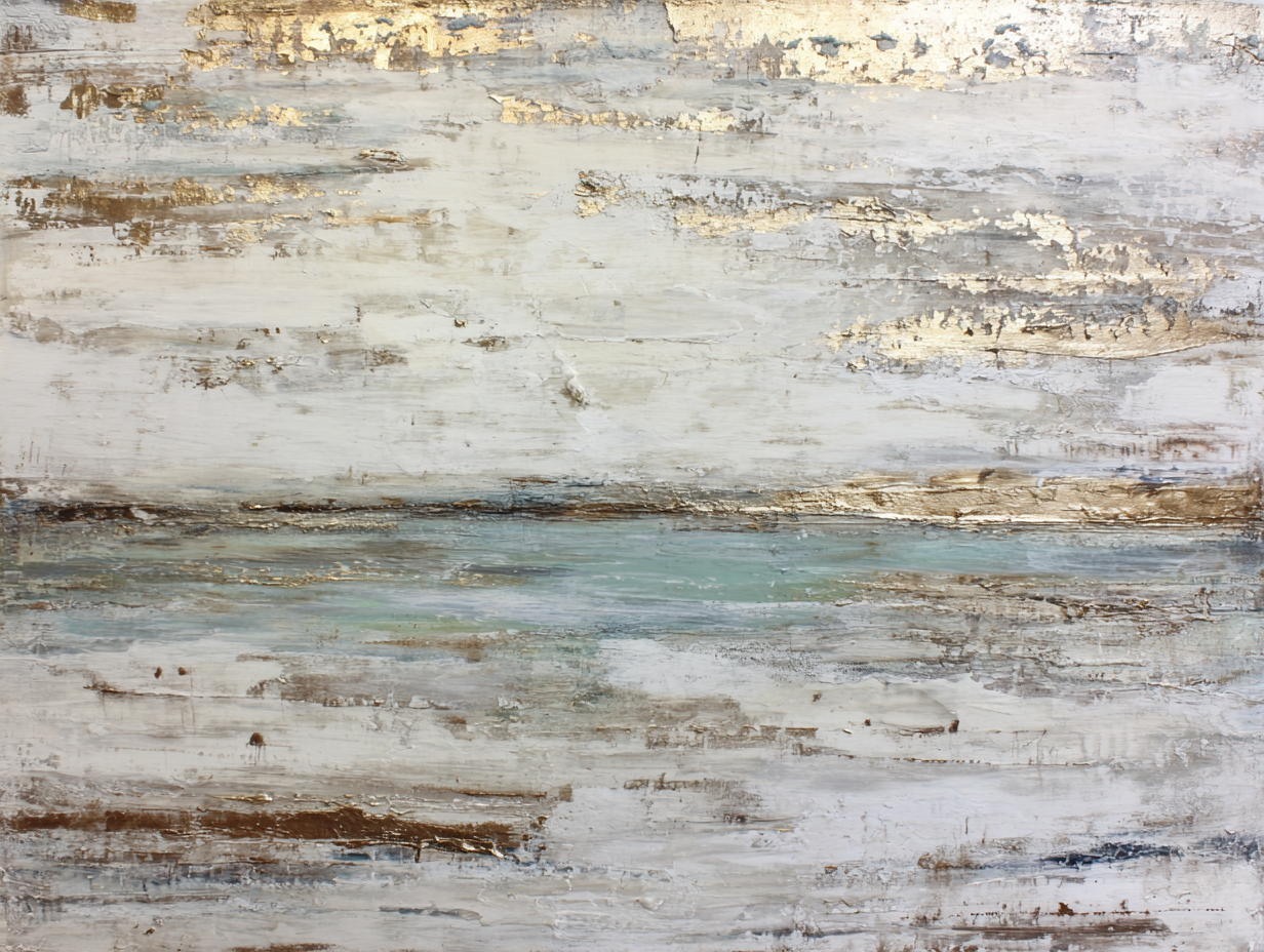 Abstracte compositie in wit, blauw en goud met horizon en reflectie van licht