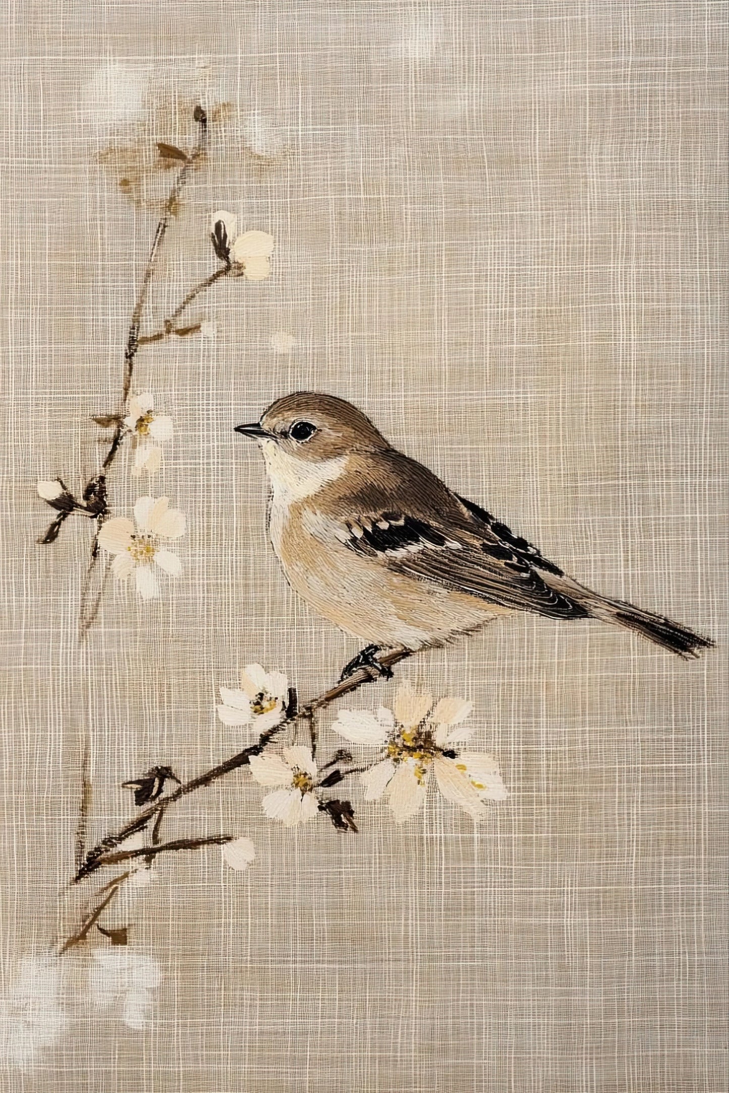 Illustratie van een zangvogel op bloeiende tak met beige textuur en subtiele bloemdetails