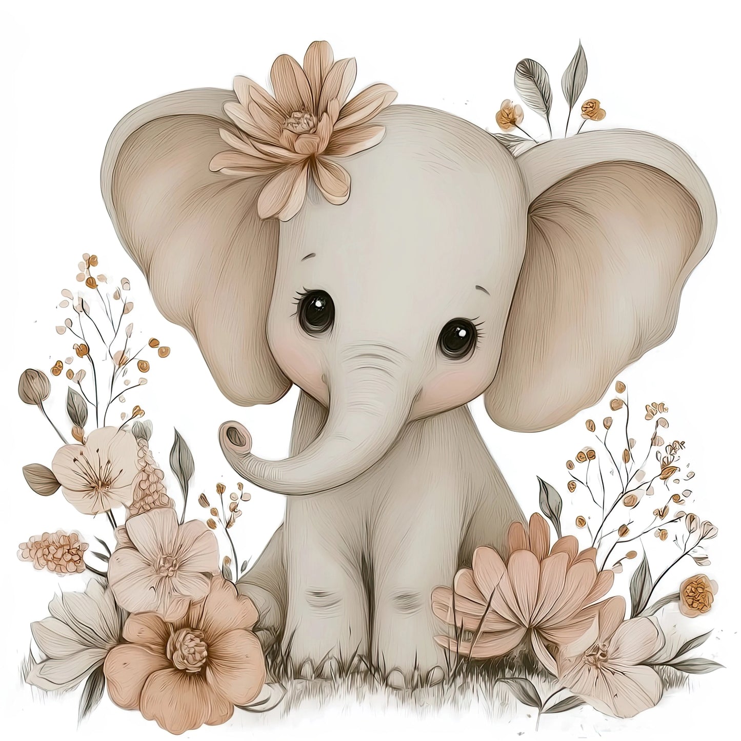 Volledige illustratie van een lief olifantje met grote oren, zittend tussen bloemen in aardetinten tegen een witte achtergrond.
