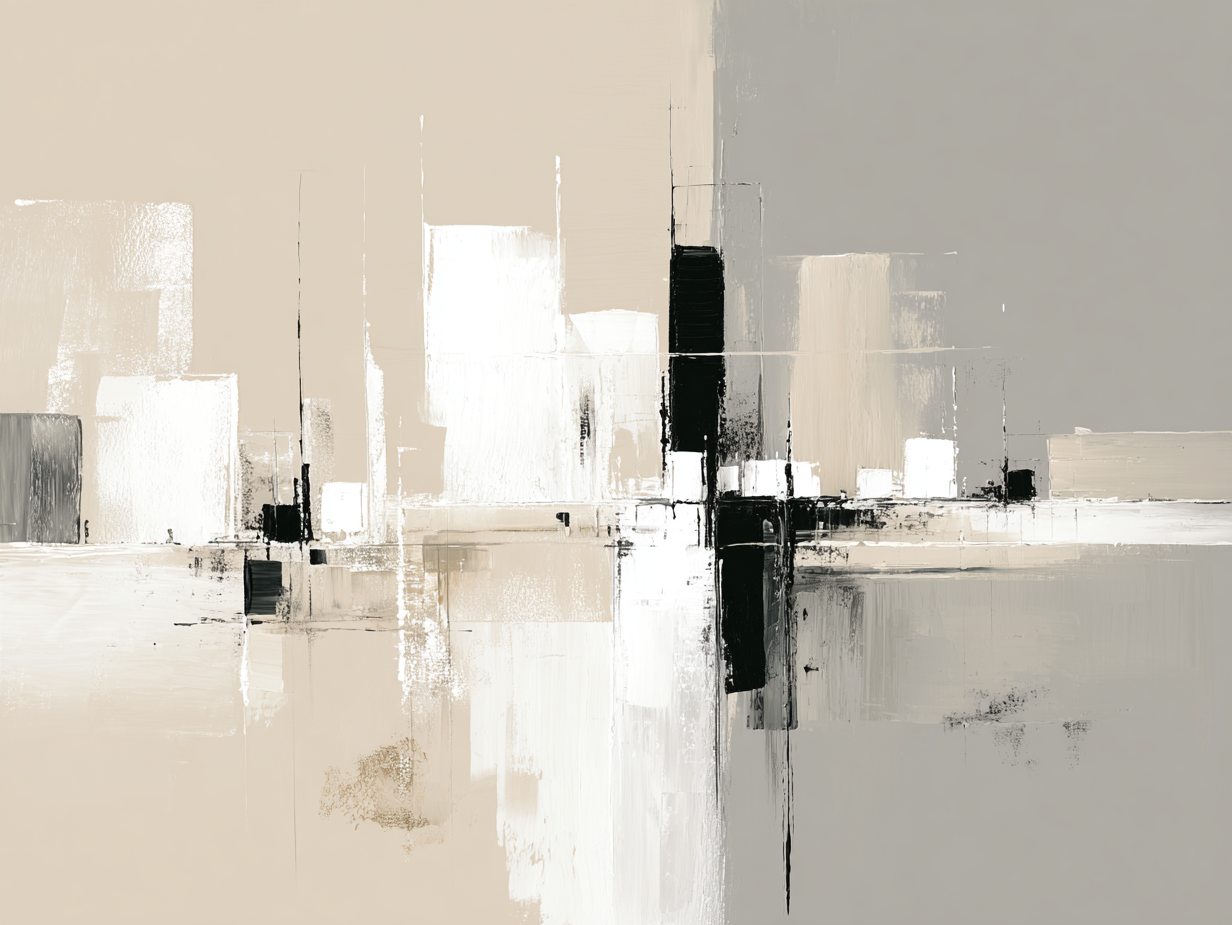 Volledige weergave van schilderij Lijn van Evenwicht met minimalistische vormen in neutrale tinten