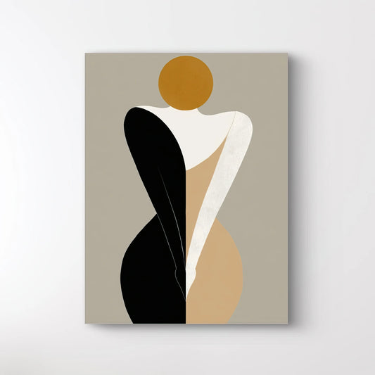 Detail van geometrisch kunstwerk met vloeiende lijnen en abstracte lichaamsvorm in zwart, wit, zand en terracotta