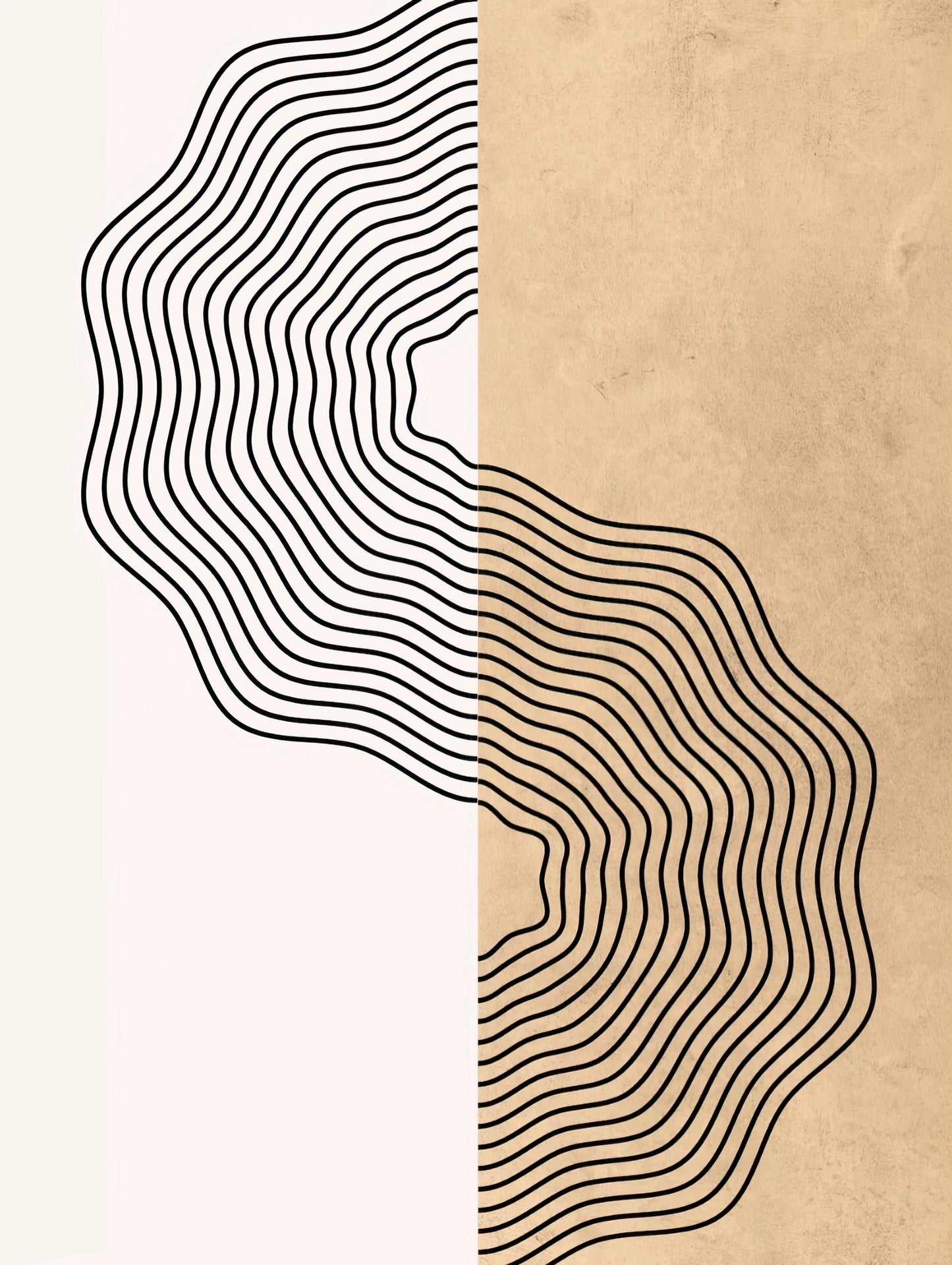 Kunstwerk met abstract lijnenspel in zwart op gesplitste achtergrond van wit en beige