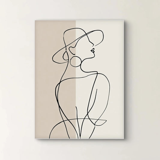 Detail van een lijntekening van een vrouw met hoed in zwart op een beige en crèmekleurige achtergrond