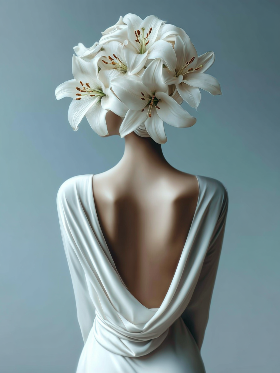 Volledige weergave van Lilium met vrouw in witte jurk en bloemenkroon van lelies