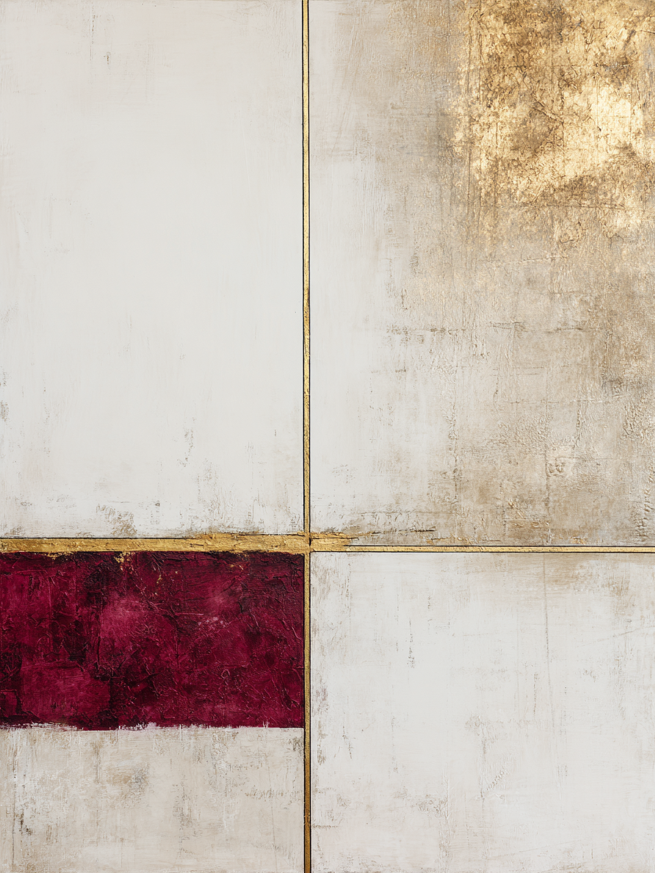 Volledig kunstwerk Linea Rubra met geometrische compositie van rood, wit en goud in minimalistische stijl