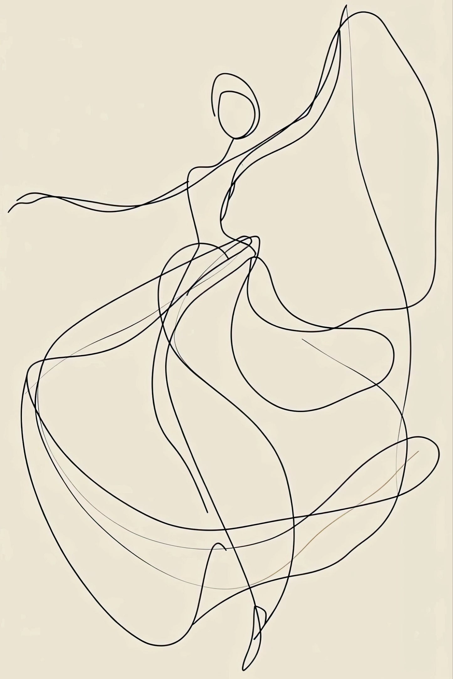 Volledige weergave van abstracte lijntekening “Line of Motion” met sierlijke bewegingen op een effen achtergrond