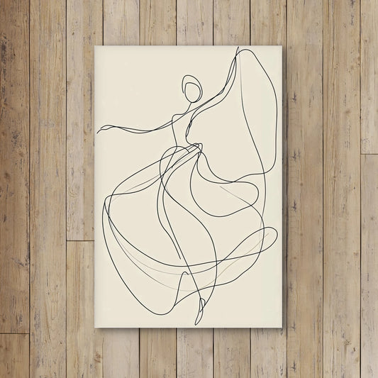 Detail van zwarte lijntekening van een vloeiend dansende figuur op een beige achtergrond in minimalistische stijl