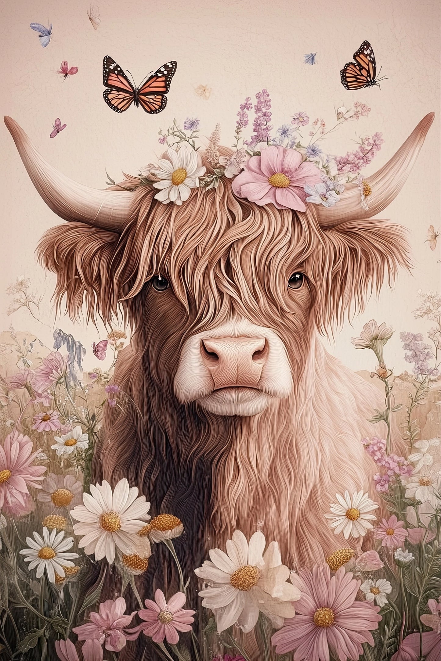 Volledige illustratie van een Schotse hooglander met bloemenkroon en vlinders in een veld met madeliefjes, in zachte aardetinten.