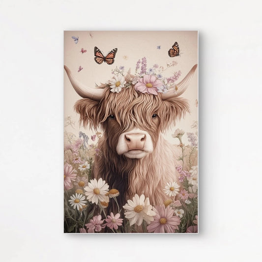 Detailweergave van een zacht getekende koe met lange vacht, versierd met bloemen en omringd door vlinders en zachte natuurelementen.
