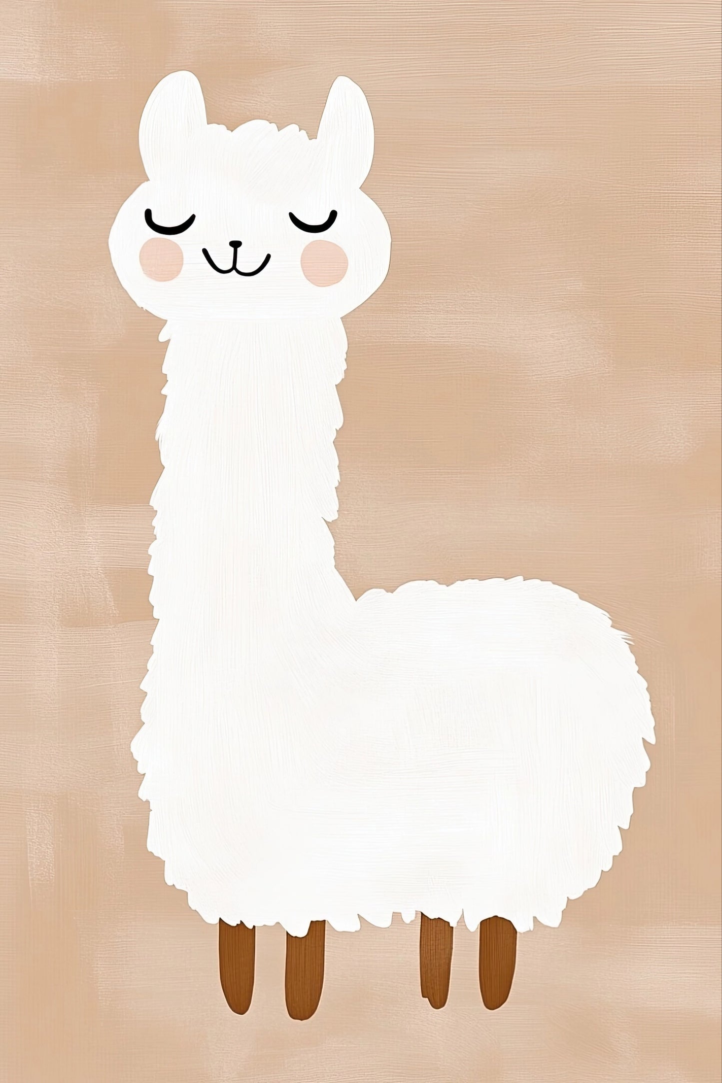 Volledige illustratie van een witte lama met pluizige vacht en rustige uitstraling, staand tegen een beige achtergrond in grafische stijl.