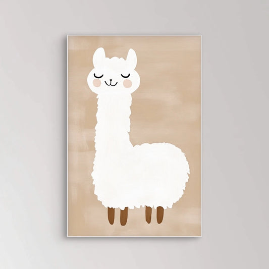 Detailweergave van een minimalistisch getekende witte lama met gesloten ogen en zachte vacht op een effen beige achtergrond.
