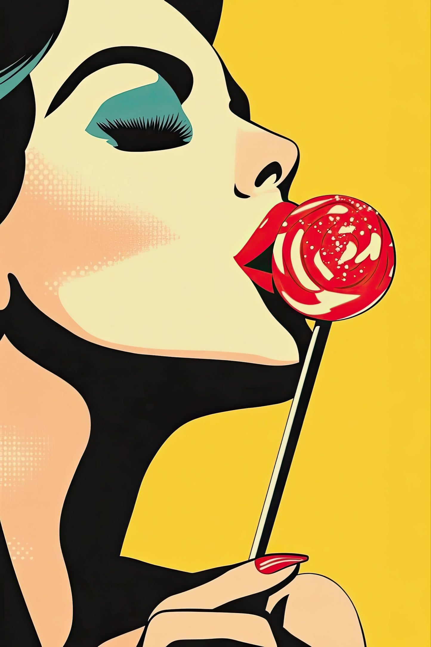 Volledige weergave van Lollipop Crush, vrouw met rode lolly en grafische popartstijl op gele achtergrond