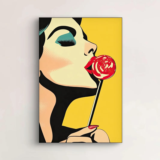 Detail van het gezicht en de rode lolly uit het kunstwerk Lollipop Crush met grafische zwarte lijnen en geel vlak