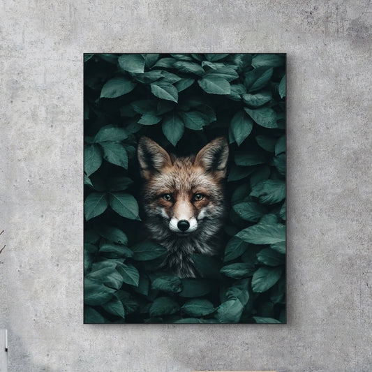 Detailopname van Loofschaduw met vos verscholen tussen donkergroene bladeren