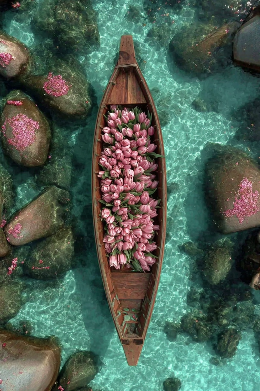 Lotusvaart, artistiek kunstwerk van lotusbloemen in een houten boot op turquoise water