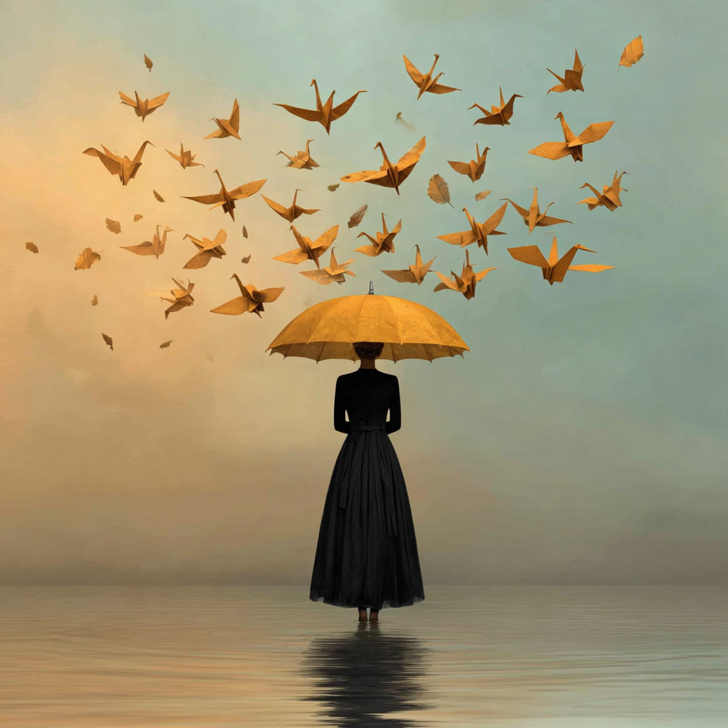 Detail van Luchtvlucht met vrouw, gele paraplu en vliegende origamivogels