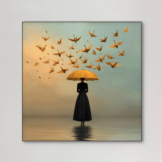 Detail van Luchtvlucht met vrouw, gele paraplu en vliegende origamivogels