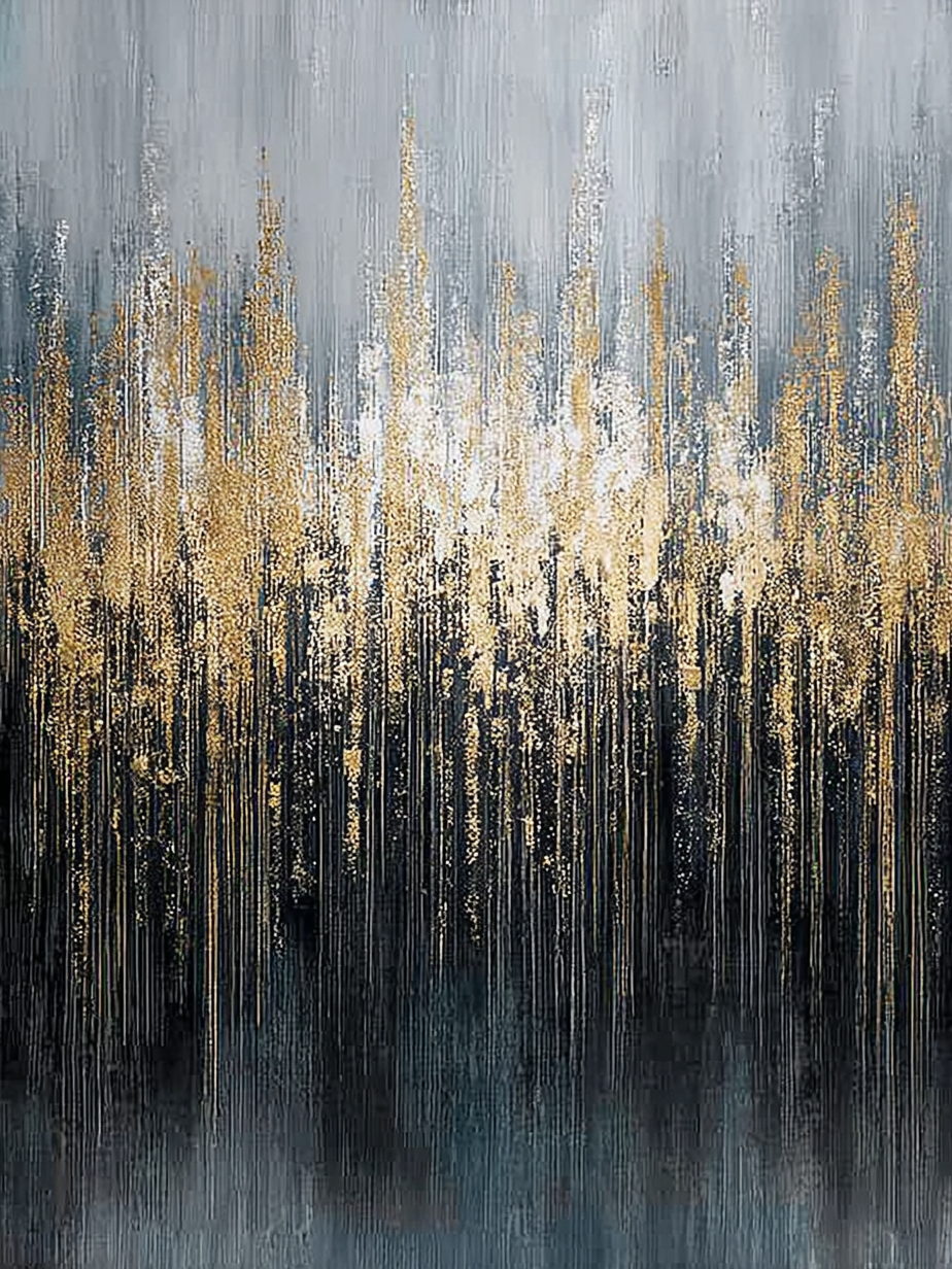 Volledige weergave van abstract schilderij Lunareth met verticale patronen in goud en diepblauw