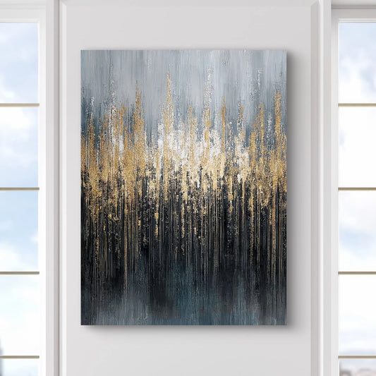 Detail van schilderij Lunareth met verticale lijnen en metallic textuur in blauw en goud