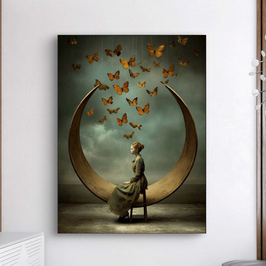 Detail van Lunavienne met vrouw op halve maan en vlinders in warme tinten