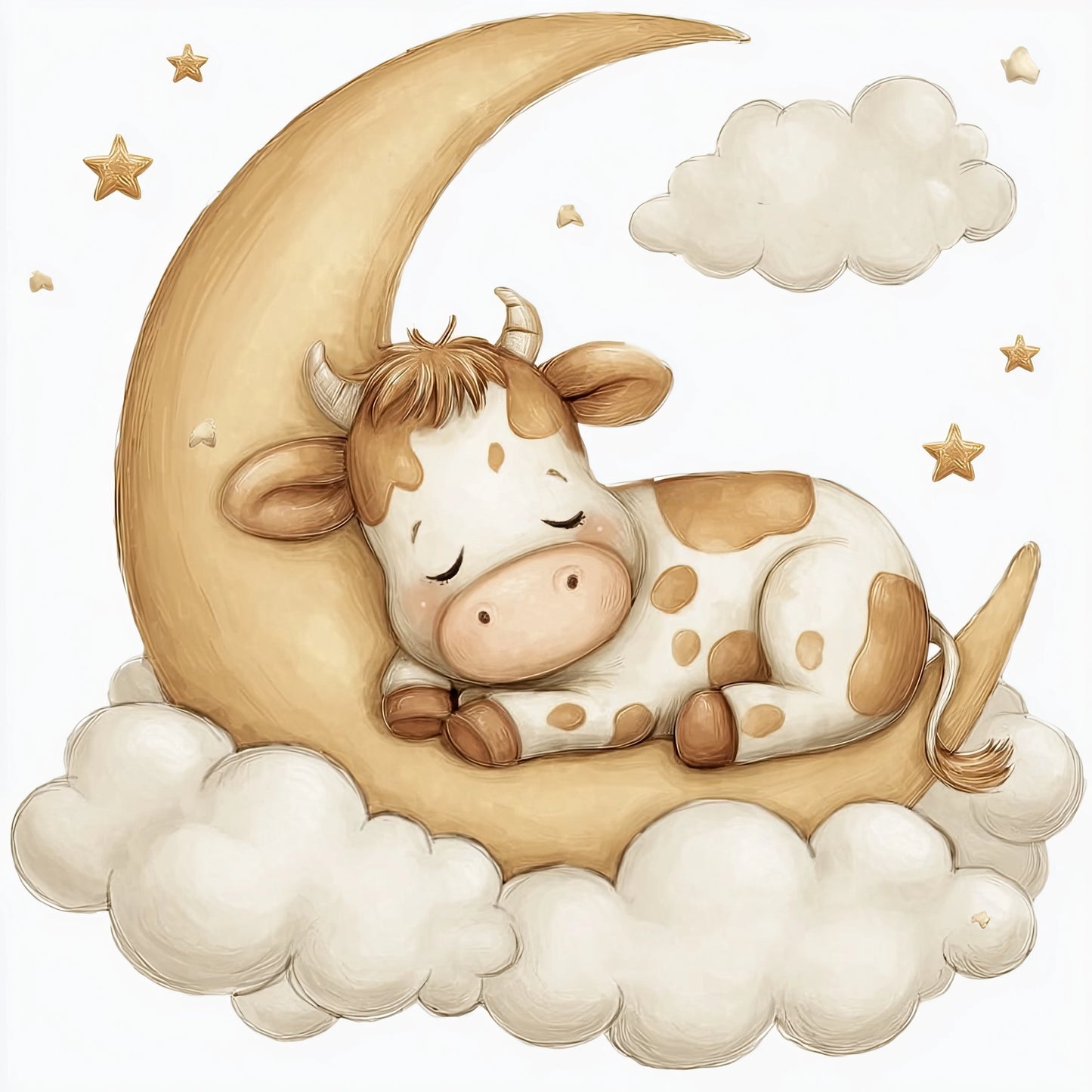 Volledige illustratie van een kalfje slapend op een maansikkel met wolken, sterren en een zachte kleurencombinatie in beige en wit.