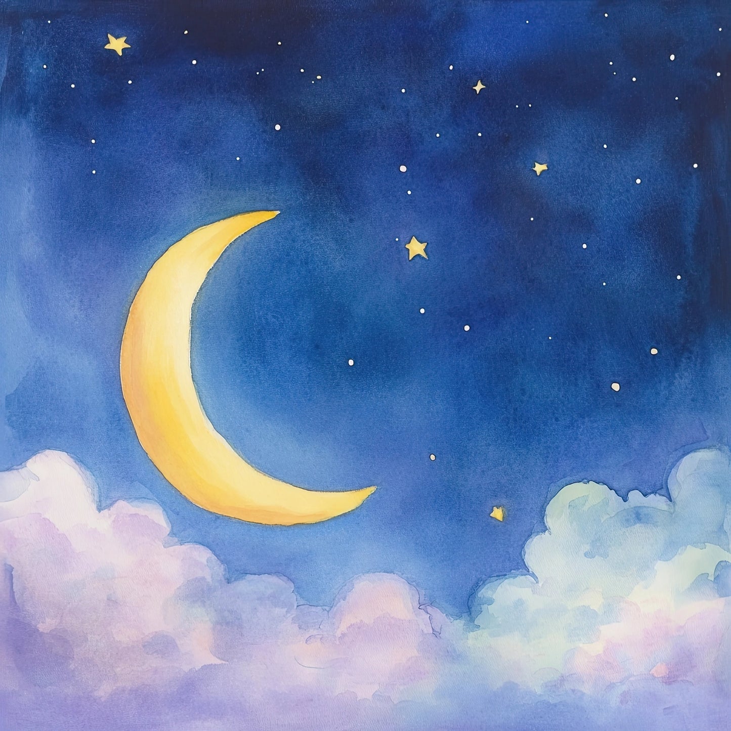 Volledige illustratie van een nachtelijk tafereel met maansikkel, sterren en wolken in aquarelstijl op een diepe blauwe achtergrond.